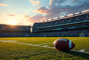 American football at sunset on field, stadium lights glow, sharp, american football