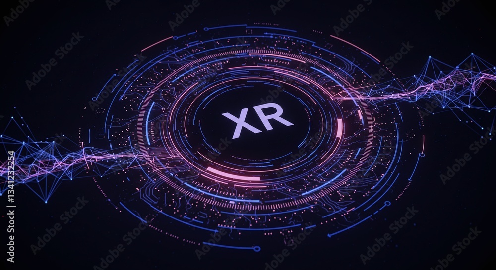 Poster xr technology concept: abstract digital representation of xr (extended reality) technology, featurin