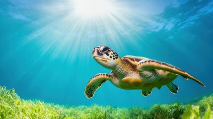 Obraz premium Majestic Sea Turtle Swimming Gracefully Under Bright Sunlight