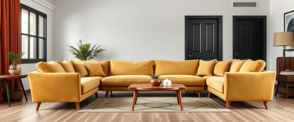 Arafed couch, small table, black door, living room interior, couch, black