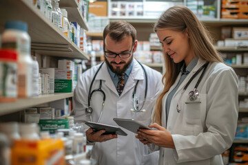 pharmacists reviewing medicine on shelves, a man and a woman standing beside shelves with medicine