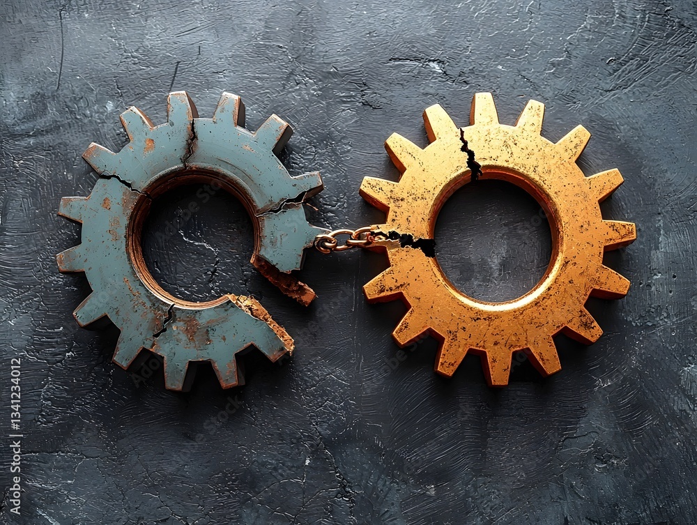 Poster broken chain connecting two gears representing a business s system collapse