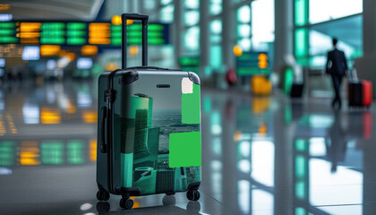 Travel suitcase with city stickers in modern airport terminal with copy space