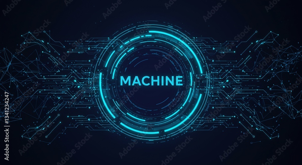 Aufkleber digital machine: an artistic representation of a digital machine with neon blue circles and the word