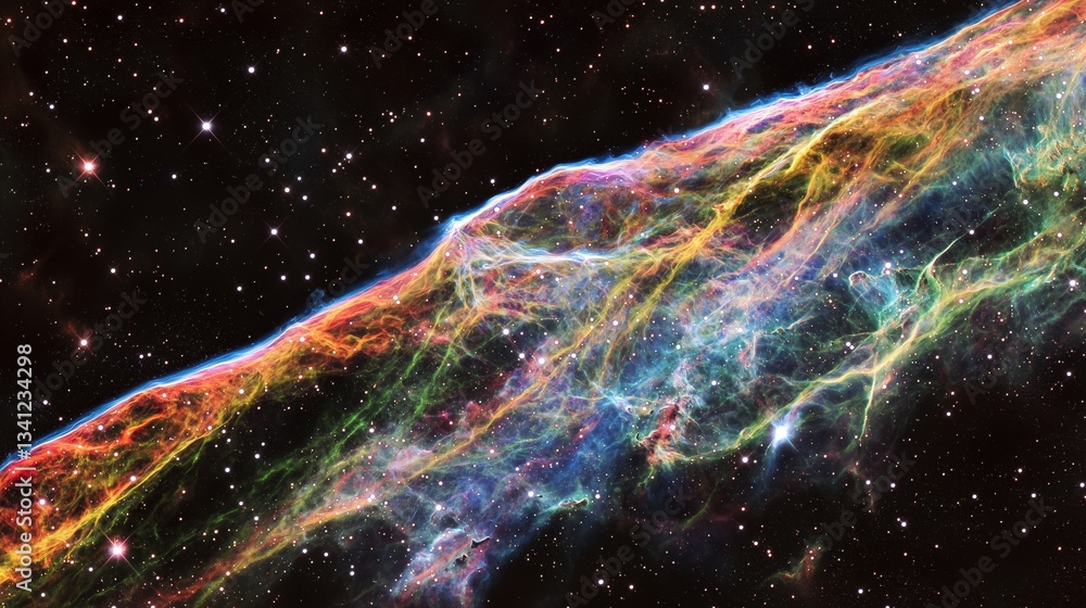 Wall mural cosmic nebula with vibrant blue orange hues and wispy clouds. space phenomenon with glowing stars an