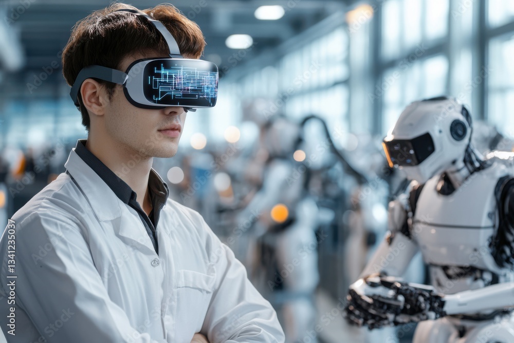 Poster scientist wearing virtual reality goggles in a robotics laboratory
