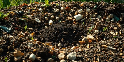 Obraz premium A mound of earth littered with discarded cigarette butts, small rocks, and bits of trash, illustrating environmental pollution