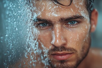 a close-up portrait of a handsome man with water droplets on his face and body