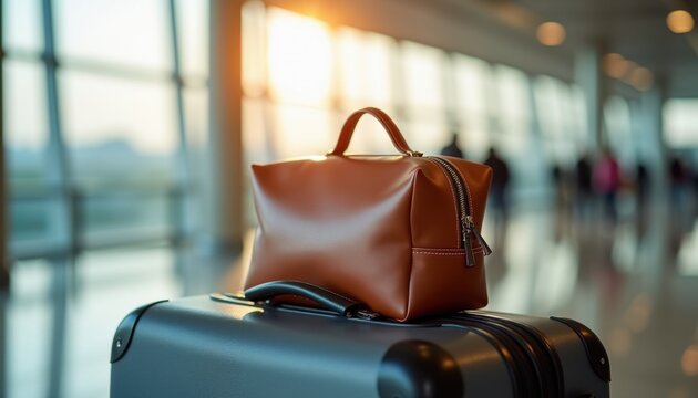 Brown leather cosmetic bag on vacation at the airport