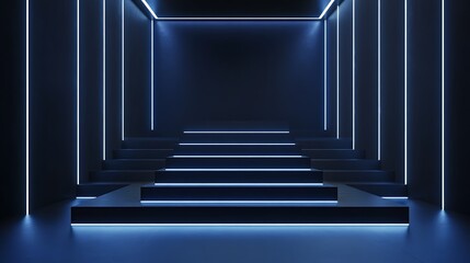 Fototapeta premium Abstract blue neon lit staircase in a dark room.