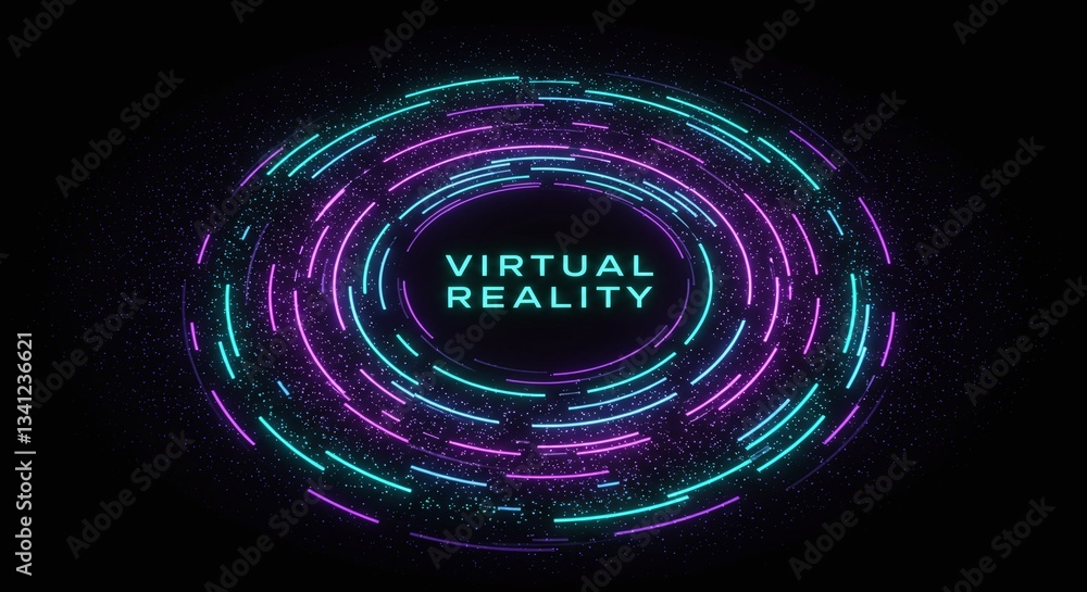 Poster immersive virtual world: abstract circular design with 'virtual reality' text, showcasing technology