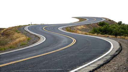 A winding asphalt road with yellow lines curving through a rural landscape under a clear sky in daytime	