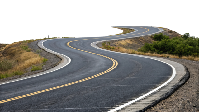 A winding asphalt road with yellow lines curving through a rural landscape under a clear sky in daytime	