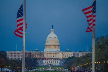 Flags around U.S. Congress Capitol Dome in Washington DC
