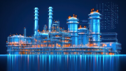 Obraz premium Futuristic Industrial Refinery: Digital Blueprint of a Modern Petrochemical Plant Reflecting on Calm Waters