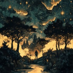 Obraz premium Silhouetted figure in mystical forest under starry night sky