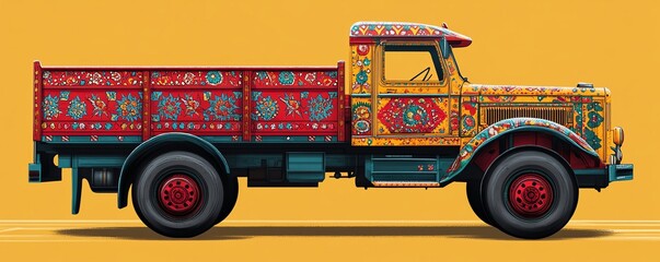 Illustration colorful truck unique design yellow color red an indian art