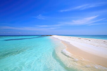 Serene Tropical Paradise Azure Waters Meet White Sands Under a Bright Blue Sky