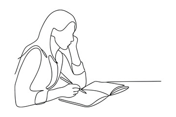 Young Woman Studying, Concentrated, SingleLine Drawing, Notebook, Pencil, Learning, Education, Thoug
