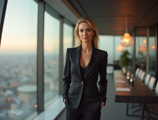 Fototapeta premium CEO donna di successo in ufficio moderno con vista panoramica sulla città, lavorando con tecnologia avanzata