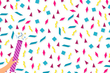 Colorful paper cut confetti background. Hand shooting confetti. Vector illustration.