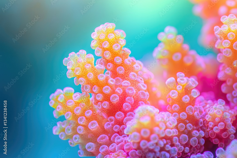 Poster vibrant coral polyps in a mesmerizing array of pink and orange hues, showcasing the beauty of underw