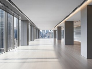 A large, empty room with a lot of windows. The windows are all open and the room is very bright