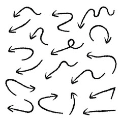 Arrows with grunge lines. Hand drawn set of doodle arrow icons. Collection of hand free curved lines and pointers in eps 10.