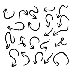 Arrows with grunge lines. Hand drawn set of doodle arrow icons. Collection of hand free curved lines and pointers in eps 10.