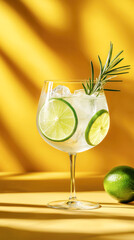 Fototapeta premium Gin and tonic cocktail with ice cubes, lime slices, and a sprig of rosemary in a large glass on a vibrant yellow background with tropical shadows.