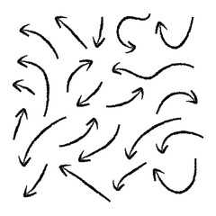 Arrows with grunge lines. Hand drawn set of doodle arrow icons. Collection of hand free curved lines and pointers in eps 10.