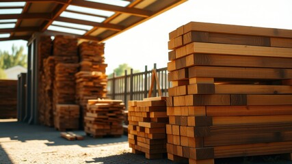 Neatly Stacked Lumber at a Sunny Outdoor Wood Yard