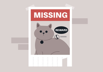 Heartfelt tear-off poster displayed throughout the neighborhood, urging locals to assist in locating a beloved missing animal, a flyer highlights the urgency and need for community support