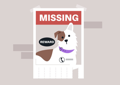 Heartfelt tear-off poster displayed throughout the neighborhood, urging locals to assist in locating a beloved missing animal, a flyer highlights the urgency and need for community support