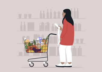 Shelves lean under the weight of diverse groceries, while a shopper checks her list, immersed in the vibrant tapestry of everyday life in a lively supermarket environment