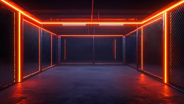 Neon Orange Glowing Cage Fight Arena Dark Room Interior Background