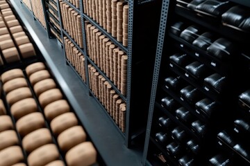 Modern warehouse interior showcasing organized shelves filled with products, empty of people, highlighting efficiency and order.