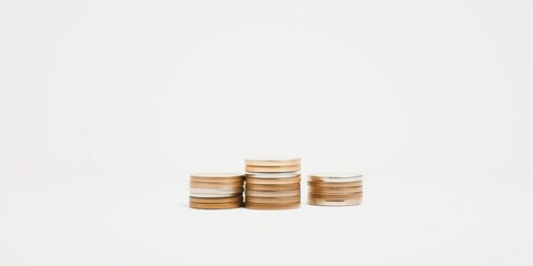 Three Stacks of Coins on a White Background Representing Financial Growth and Savings