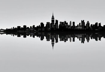 Obraz premium Black and white cityscape silhouette reflected in calm water , night, serene