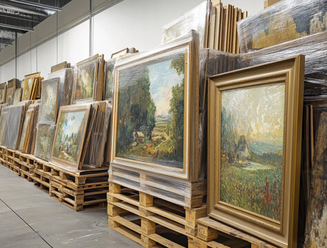 A room filled with stacks of wrapped paintings and picture frames arranged neatly on wooden pallets, indicating careful storage for future display or transport