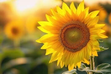 Fototapeta premium Single sunflower blossoming in a sunlit field during golden hour.