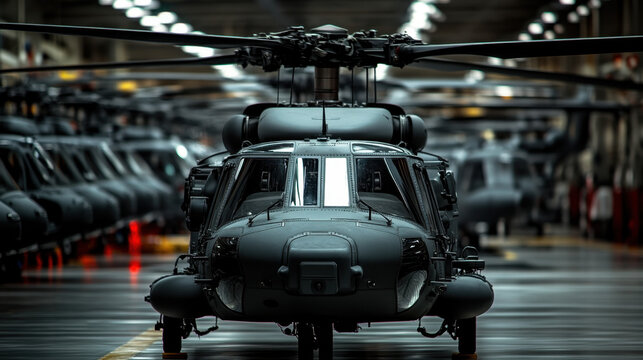 A row of Blackhawk helicopters is lined up inside a military hangar. The dim lighting creates a tactical atmosphere, highlighting the readiness of the aircraft for potential missions