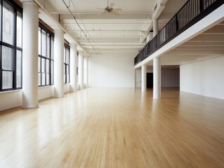 A large room with a wooden floor and a fan. The room is empty. There are no people or furniture in the room