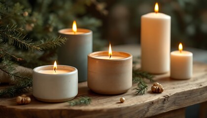 Burning Candles on Rustic Wood Table with Greenery for Holiday Decor