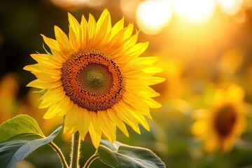 Fototapeta premium Vibrant sunflower basking in warm golden sunset light.