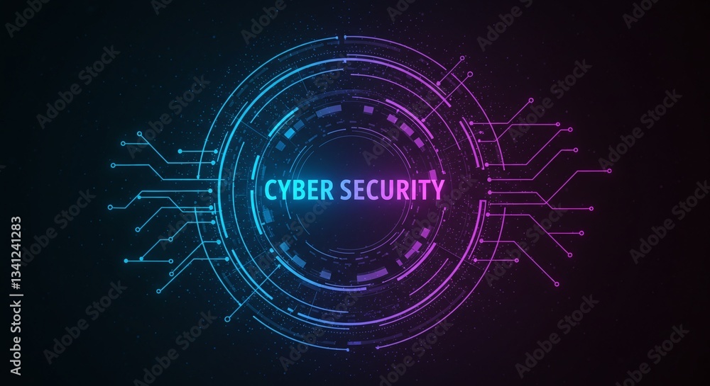 Poster cyber security: a luminous digital abstract of interconnected circuits and concentric rings, with 