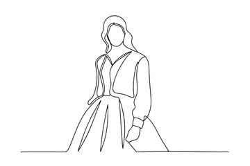 Elegant Woman SingleLine Drawing Fashion Gown Minimalist Art Sketch