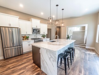 A kitchen with a white countertop and black stools. The countertop is made of marble