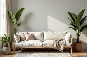 Cozy minimalist living room with white sofa and indoor plants in natural light