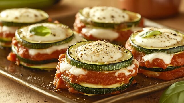 Italian parmigiana di zucchine baked zucchini layered tomato sauce and mozzarella served hot